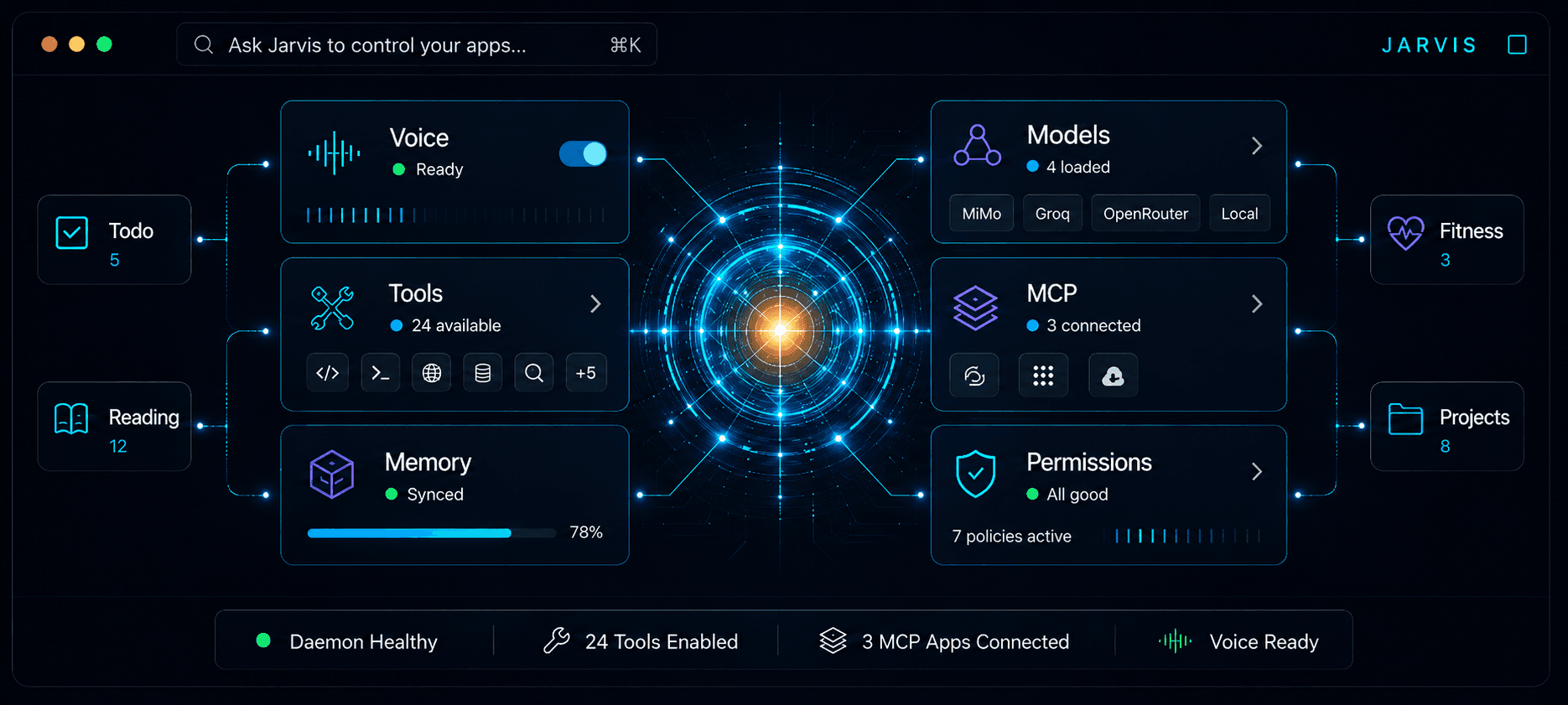 CoreLayer desktop command center showing Jarvis, MCP tools, and system status